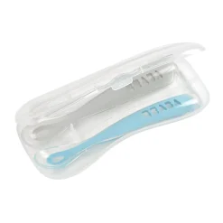 Lot 2 cuillères 1er âge silicone avec boite de transport Bleu/Gris