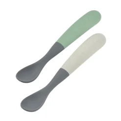 Lot 2 cuillères 1er âge silicone bi-ton avec boîte de transport Gris/Vert sauge