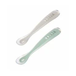 Lot 2 cuillères 1er âge silicone avec boite de transport Vert sauge/Gris velours
