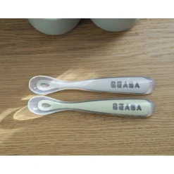 Lot 2 cuillères 1er âge silicone avec boite de transport Vert sauge/Gris velours
