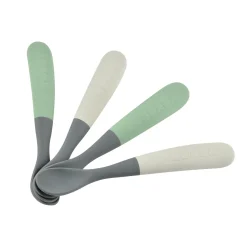 Lot 4 cuillères 1er âge silicone bi-ton Gris/Vert sauge