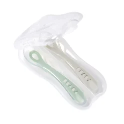 Lot 2 cuillères 2ème âge silicone avec boite de transport Vert sauge/Gris velours