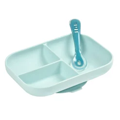Set repas Silicone - Assiette compartimentée et cuillère 2ème âge Bleu