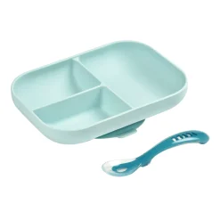 Set repas Silicone - Assiette compartimentée et cuillère 2ème âge Bleu